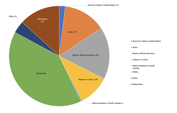 This pie chart shows the number of AWP presenters who identified themselves by race. The chart shows that 25 presenters identify as American Indian or Alaskan Native, 177 identify as Asian, 219 identify as Black or African American, 130 identify as Hispanic or Latino, 4 identify as Native Hawaiian or Pacific Islander, 518 identify as white. 51 presenters identify as another race not identified here. 171 presenters identify as mixed race.