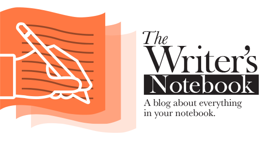 The Writers Notebook: A blog about everything in your notebook” written next to a clipart hand holding a pen atop stacked orange paper